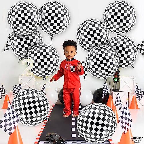 Large Checkered Balloons Pack of 12 - Racing Flag & Blue Foil Balloons for Birthday & Party Decor