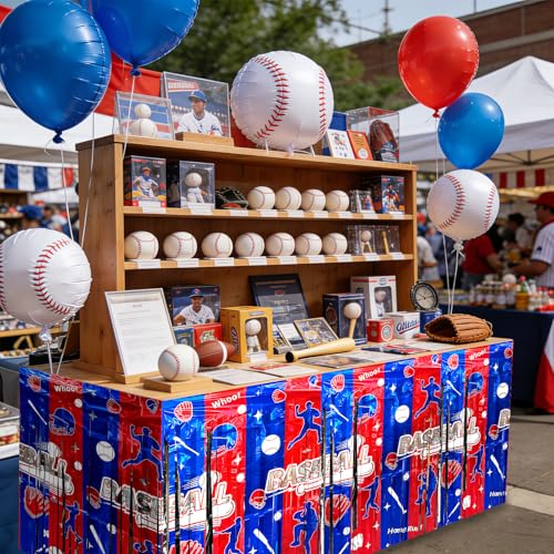 Baseball Party Table Decorations - 108x29.5 Inches Foil Fringe Skirts - Red, Blue & Silver
