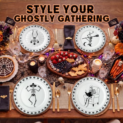 Halloween Skeleton Ceramic Plates Set of 4 - 9 Inch Gothic Tableware