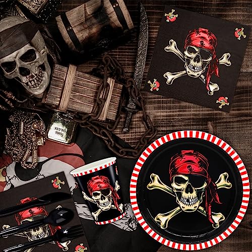 Pirate Party Supplies Set - 144 pcs Disposable Plates Cups Napkins Cutlery for Kids & Boys