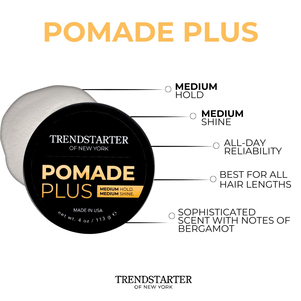 TRENDSTARTER Pomade Plus - Medium Hold & Shine - 4oz Flake-Free Water-Based Hair Gel for All Hair Types