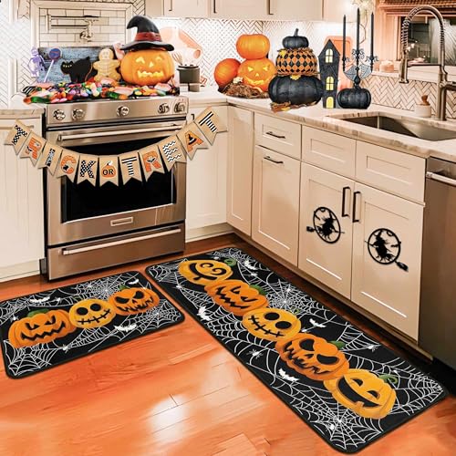 Halloween Pumpkin Spider Web Bat Kitchen Rugs & Mats Set of 2 - Black, 17x47 & 17x30 Variation of THIS listing