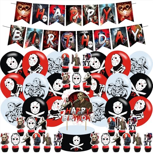Halloween & Horror Movie Birthday Party Supplies Set with Banner, Cake Toppers & Balloons