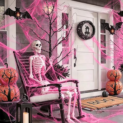 Pink Halloween Spider Web Decor with 60 Fake Spiders - 1000 Sq Ft Indoor Outdoor