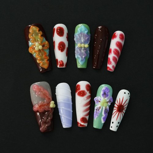 Long Coffin Press On Nails with 3D Floral Design - Summer Multicolor Thick Luxury False Nails Reusable Acrylic Nails (Summer Stories,S)