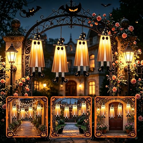 Halloween Ghost Decorations Set with Lighted Hanging Witches Hats - Outdoor Indoor Spooky Yard Decor