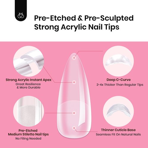 Beetles Tipex Instant Apex Nail Tips Kit, Medium Stiletto, 224 Pcs 16 Sizes Pre-Building Pre-Etched False Nail Tips with Tipex Nail Glue, Mini Nail Lamp
