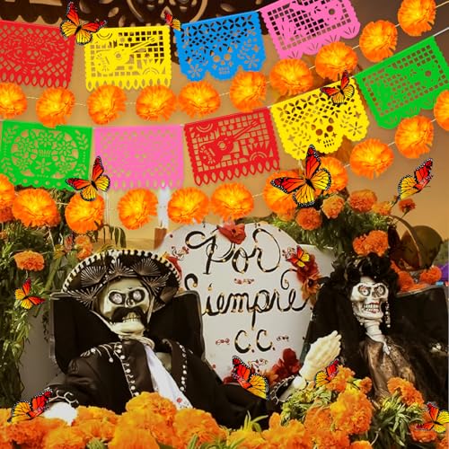 Artificial Marigold Garland Set with Lights for Dia de Los Muertos & Diwali Decorations - 40Ft, 80 Lights, Butterfly & Papel Picado