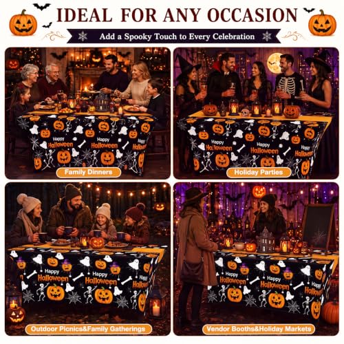 Halloween Pumpkin Ghost Spandex Tablecloth 6ft Fitted Rectangular Cover - Black, Orange, White Variation