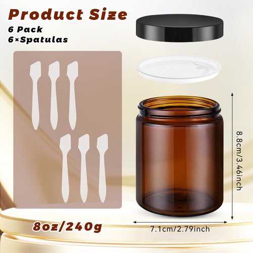 Amber Glass Jar With Lids Empty Cosmetic Jar with Inner Liners Travel Cosmetic Containers For Lotion Cream Powders Ointments And More (6, 240g/8oz)