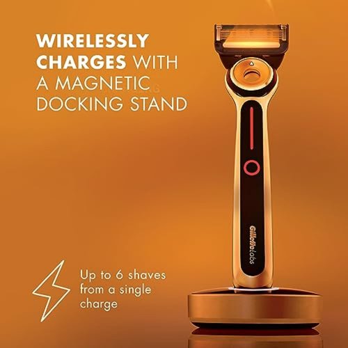 Gillette Heated Razor for Men - Deluxe Travel Shave Kit with Charging Dock & Case | 1 Handle, 2 Blade Refills