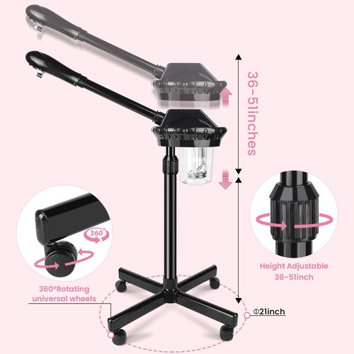 Professional Facial Steamer, Facial Steamer on Wheels with More Steam, Adjustable Height and Angle, Face Steamer for Deep Cleansing and Hydration, Estheticians Steamer for Beauty, Spa and Home Use