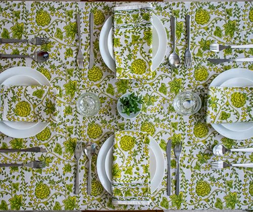 Block Print Table Cloth - Yellow Limegreen 60x108 Inch Cotton Handmade Washable