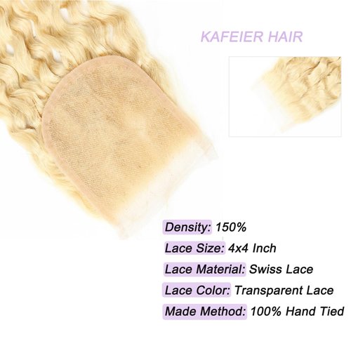4x4 613 Lace Closure Deep Wave Human Hair Blonde Deep Wave Closure Pre Plucked Transparent Lace Free Part with Baby Hair For Women Natural Hairline 14 Inch