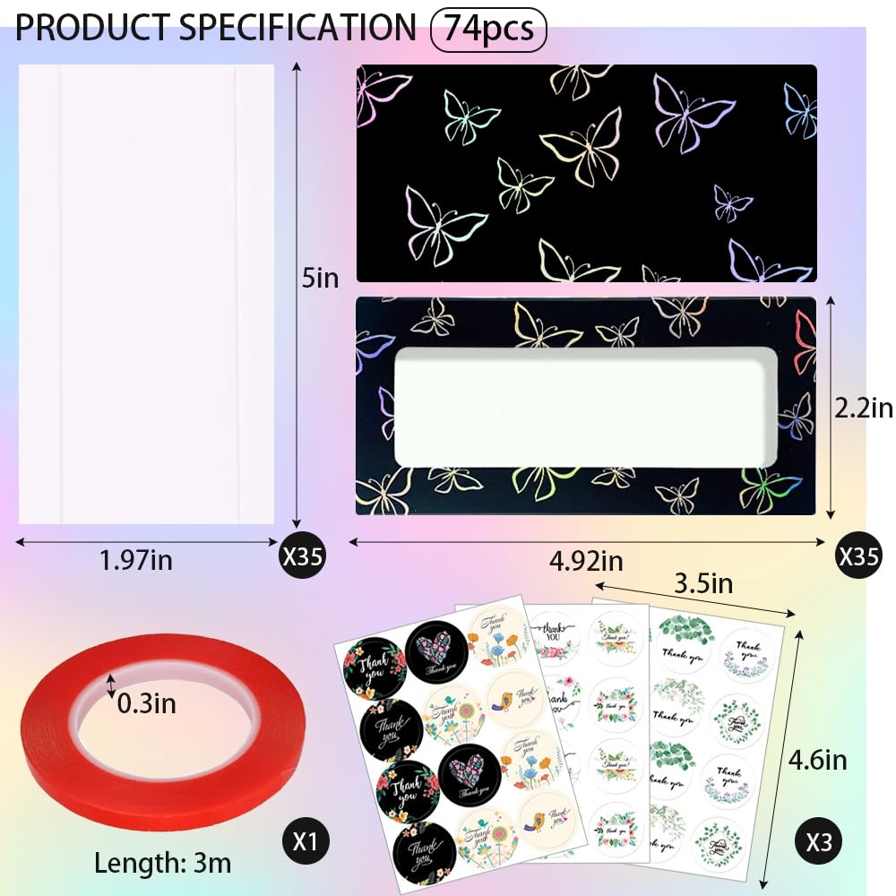 Yazabai 74PCS Press on Nails Packaging Box Set Includes 35PCS Empty Nail Package Box 35PCS White Background Paper 1 Double Sided Tape and 3 Thank You Stickers for Press on Nail Business