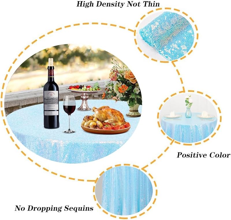 Iridescent Aqua Sequin Round Tablecloth 90 Inch Sparkle Glitter Cover for Weddings & Parties