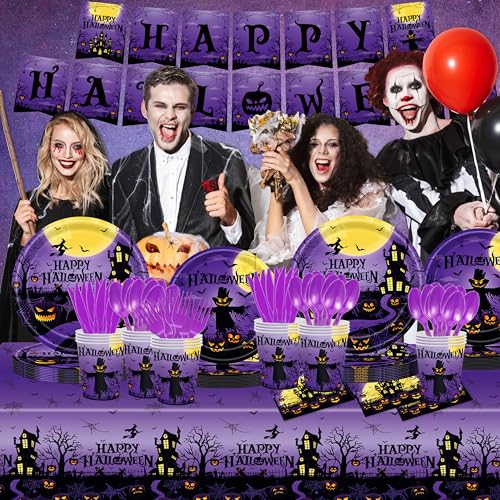 Purple Halloween Party Decorations Set - Banner, Tablecloth, Plates & Cups for 24 Guests