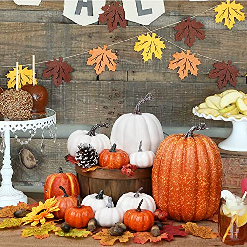 Artificial Pumpkin Set with Maple Leaves for Fall Halloween Thanksgiving Decor - 12pcs