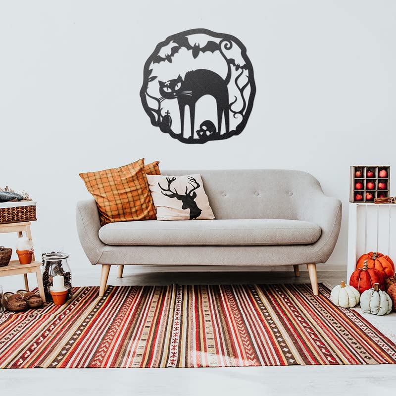 Halloween Cat Wreath Metal Door Sign - Black & Orange Fall Front Door Decor - 22 Inch - Reversible, Weather-Resistant, Handmade Halloween Wall Art - Made in USA