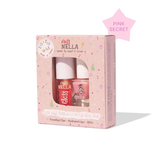 MISS NELLA Pink Secret Lips & Tips duo- Scented Lip Gloss + Glitter Nail Polish for Kids with Peel-off, Water Based & Odour Free Formula