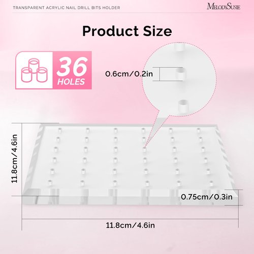 MelodySusie Nail Drill Bits Holder with 36 Holes, Visible Sturdy and Compatible with 3/32" Acrylic Drill Bit Organizer and Storage for Salon & Home, Square（not include bits）
