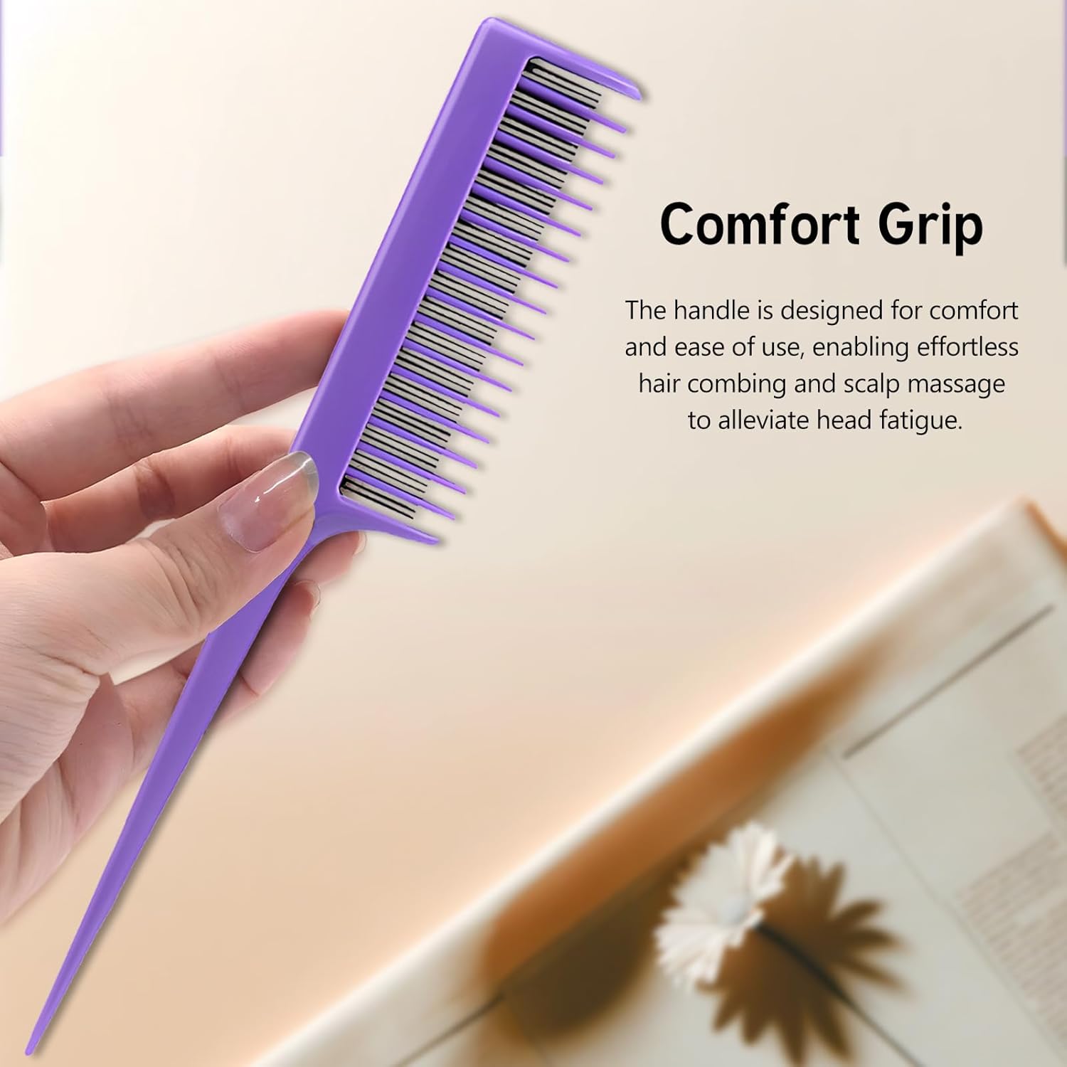 Teasing Comb Set by Professional - 3 Pack Tail Combs for Root Teasing & Volume - 8.15 Inches, Black, Magenta & Purple