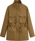 FindThy Women's Utility Jacket - Casual Stand Collar with Drawstring Waist & Multi Pockets | Versatile Outerwear
