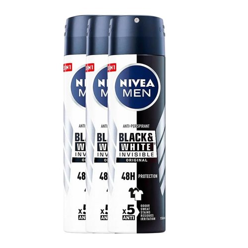 NIVEA Men Invisible for Black & White Original Anti-Perspirant Deodorant Spray 150ml | 48H Protection | No White Marks or Yellow Stains | No Ethyl Alcohol | Fresh Scent | Quick-Dry, 3 Pack