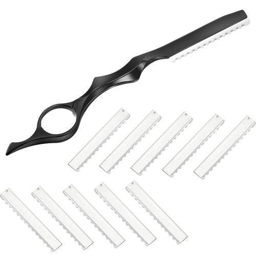 Mudder Hair Styling Razor Comb - 11 Pieces Hair Thinning Comb with Replacement Stainless Steel Razors for Salon Home Use (Black, Metal)