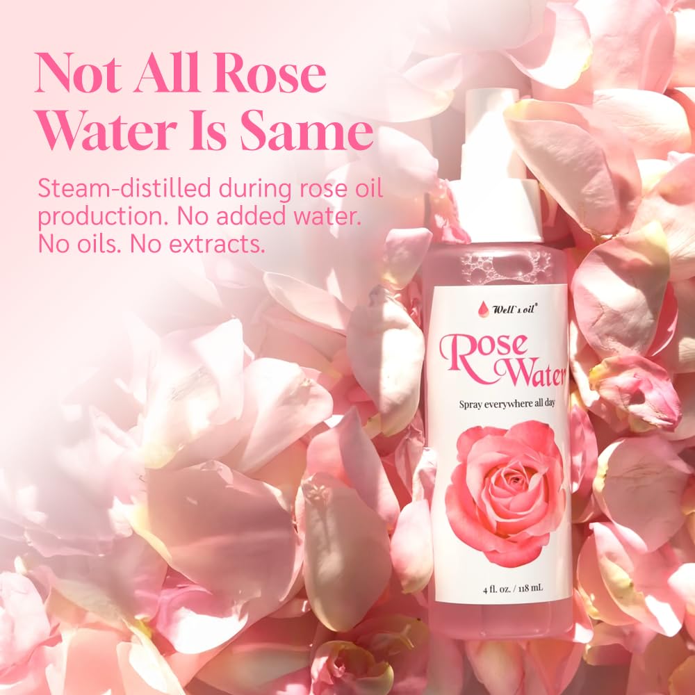 Well's Oil Rosewater Face & Hair Mist Spray (8 fl oz / 236 mL) | Floral Rosewater Hydrosol | Alcohol-Free