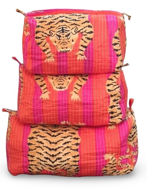 LKGSM RUGS Quilted Cotton Tiger Print Travel Toiletry Bags, Cosmetic Organizer Set, Pink and Orange