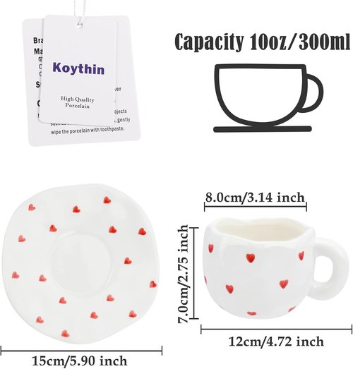Koythin Ceramic Coffee Mug - Cute Red Heart Design | 10 oz Cup for Office & Home Use