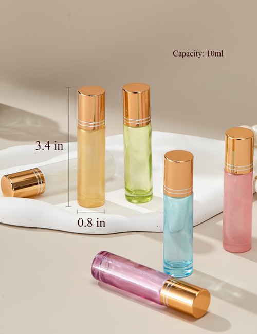 Qeuly 10ml Roll on Bottles - 6 Color Essential Oils Bottles, Thick Glass with Stainless Steel Roller Balls, Empty for Aromatherapy, Perfumes and Lip Balms