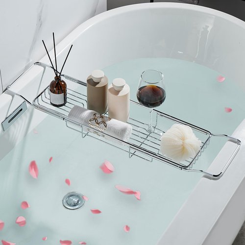 GIYDNEI Stainless Steel Bathtub Caddy Tray, Expandable Bath Tub Table, Adjustable Bathroom Tray, Bath Organizer Tub Shelf,Silver,26.8~35.4in
