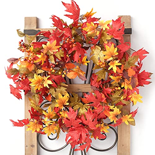 20-Inch Fall Wreath for Front Door - Autumn Maple Leaves Decor for Thanksgiving & Halloween