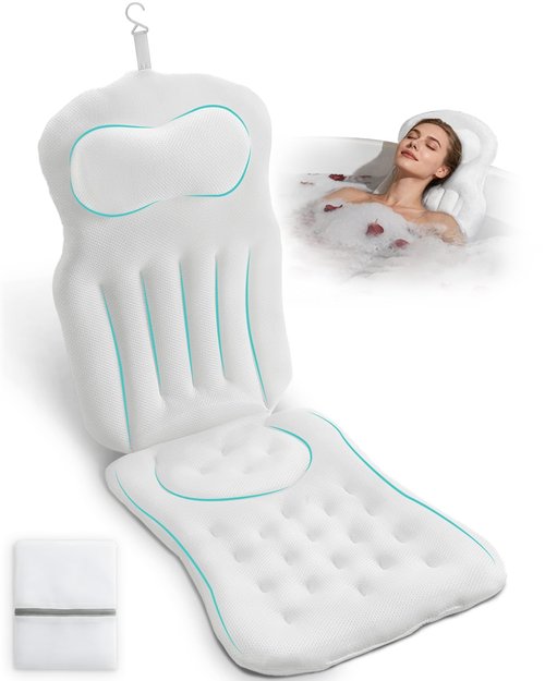 Full Body Bath Pillow for Bathtub, 5D Thick Tub Pillow for Bathtub with 192 Non-Slip Suction Cups, Laundry Bag & Hook, Bathtub Pillow for Head, Neck & Back Support (White, 51"*15")