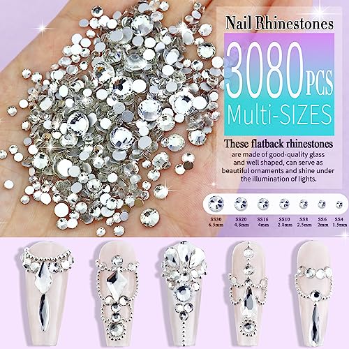 Crystal Clear Flatback Rhinestones Set for Nails Crafts - 3200+ Gems, 12 Styles