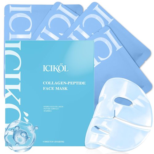 ICIKOL Deep Hydrolyzed Collagen Face Mask, 4 Pack - Age-Defying Sheet Mask with Peptides & Hyaluronic Acid, Restores Skin Elasticity & Firmness for Women
