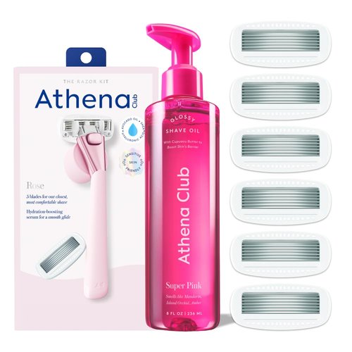 Athena Club Women’s Razor Shave Kit, 5-Blade Cartridge Razor for Sensitive Skin, Serum-Infused Blades with Shea Butter and Hyaluronic Acid, Includes Handle, 6 Refills, Shower Hook, and Shave Oil