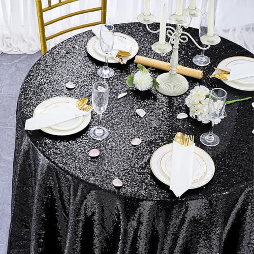 Black Sequin Round Tablecloth 120 Inch - Glitter Party Cover for Weddings Holidays