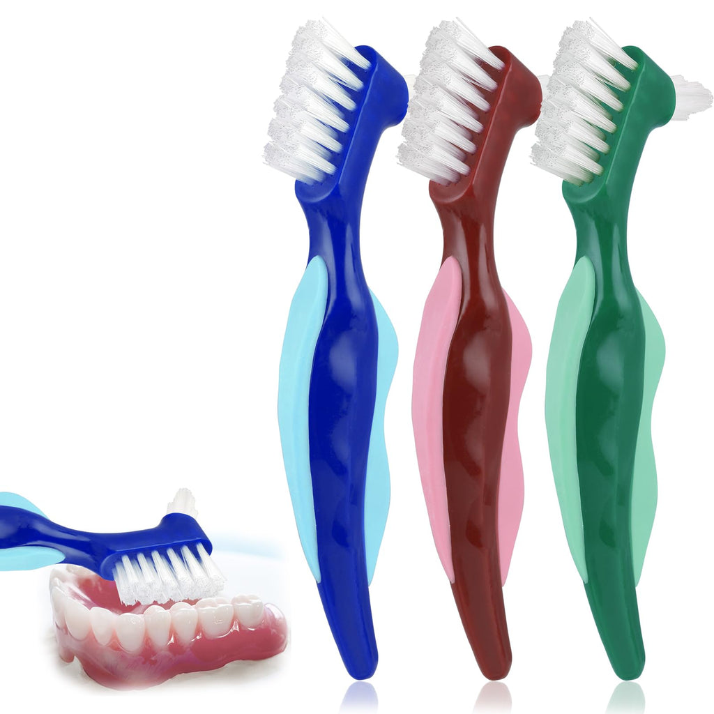 WY LIGHTING LEVEL 3 Pcs Hard Denture Brush, 3 Colors Premium Hygiene Denture Cleaning Brush for Denture Care, Double Sided Toothbrush with Multi-Layered Bristles & Rubber Anti-Slip Handle