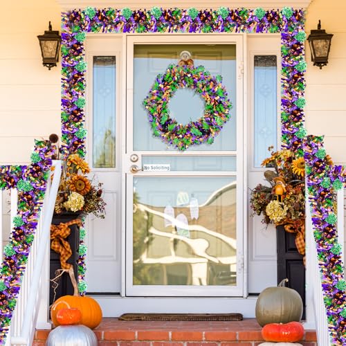 Halloween Spider Web Tinsel Garlands Set - 4 Pieces, 26.4 FT Total, Black Orange Purple Green Fringe Decorations