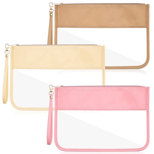 Sanwuta 3 Pcs Clear Zipper Snack Bag Pouches for Travel Women, Flat Nylon Waterproof PVC Makeup Snack Bags Set DIY Chenille Letter Organizer Portable Storage Beach Stuff Toiletry (Pink, Beige, Brown)