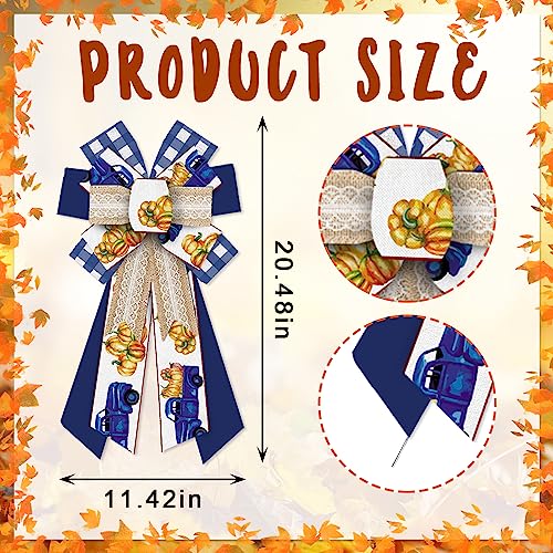 Large Fall Pumpkin Bow for Wreath Blue Buffalo Plaid Burlap Thanksgiving Decoration - Style 1