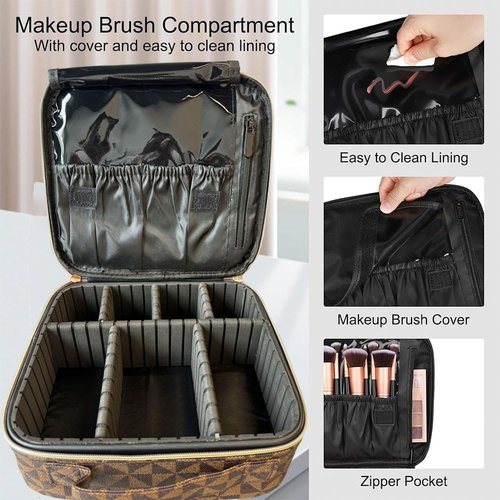 Makeup Bag Organizer – Portable Travel Cosmetic Case with Brush Storage | Large Makeup Train Case for Women | Hard Shell Makeup Suitcase | Vanity & Countertop Organizer (H-Brown)