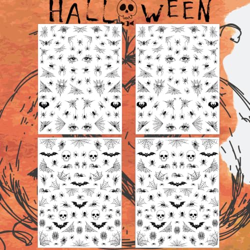 Halloween Nail Stickers Set - 4 Sheets Dark Spooky Web Bat Skull Designs - Variation of Halloween 4 Sheets