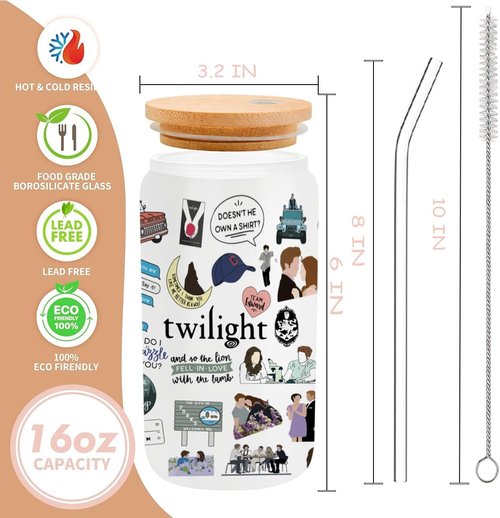 LONGXIN Twilight Vampire Lover Iced Coffee Cup - 16 oz Glass with Lid & Straw for Movie Fans