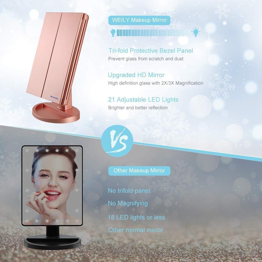 WEILY Makeup Mirror with 21 LED Lights,Two Power Supply Modes, Adjustable Touch Screen and 1x/2x/3x Magnification Tri-Fold Vanity Mirror,Chargeable Travel Cosmetic Mirror for Desktop(Rose Pink)