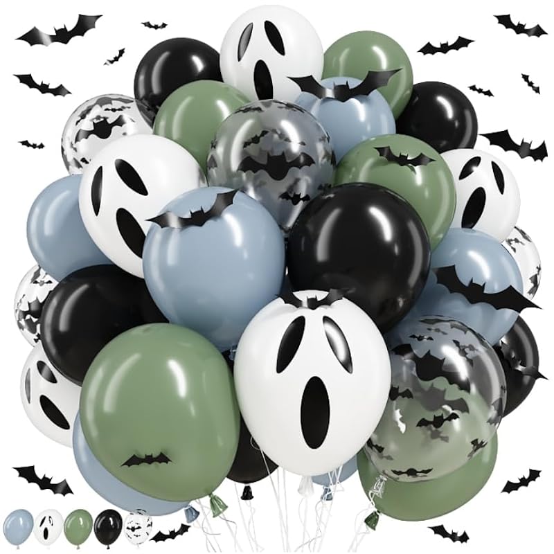 Halloween Latex Balloons Set - Black Blue Green Ghost Bat Prints, 35 Pack with Bat Stickers