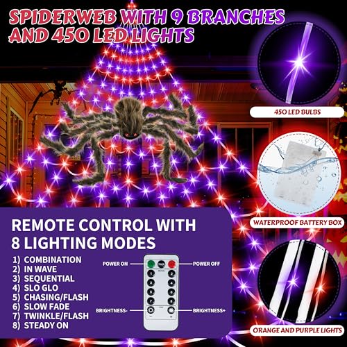 Halloween Spider Web Lights with 450 LEDs & Spooky Spider, Waterproof Indoor Outdoor Decor